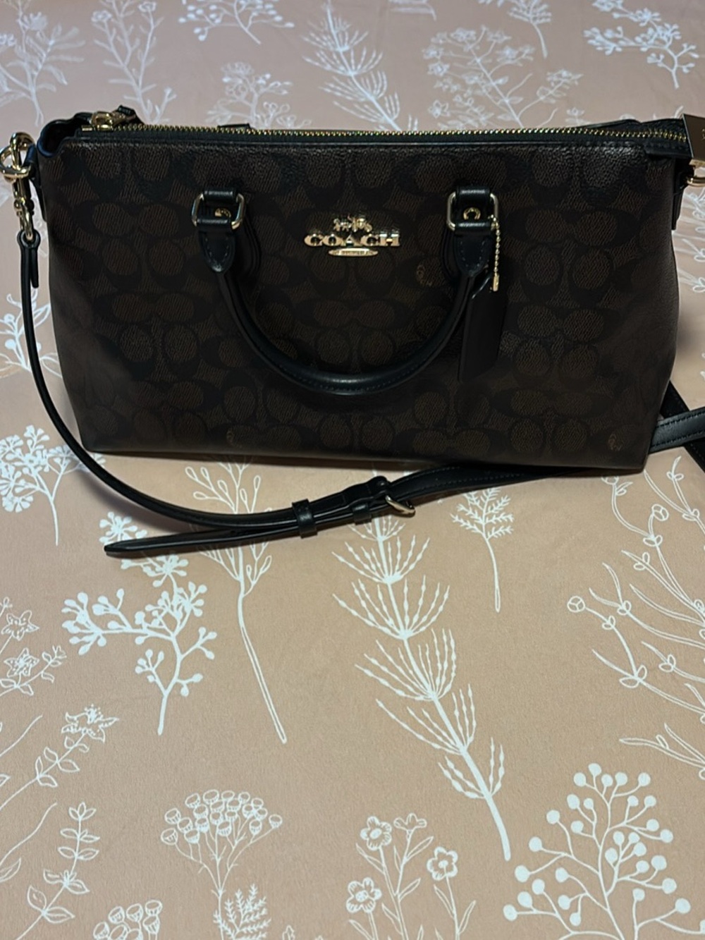 Coach Brown Signature Satchel with Black Trim and Gold Hardware